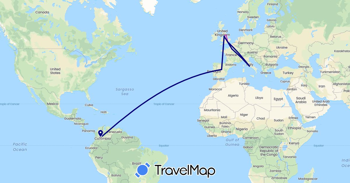 TravelMap itinerary: driving, plane, train in Colombia, Spain, France, United Kingdom, Italy (Europe, South America)